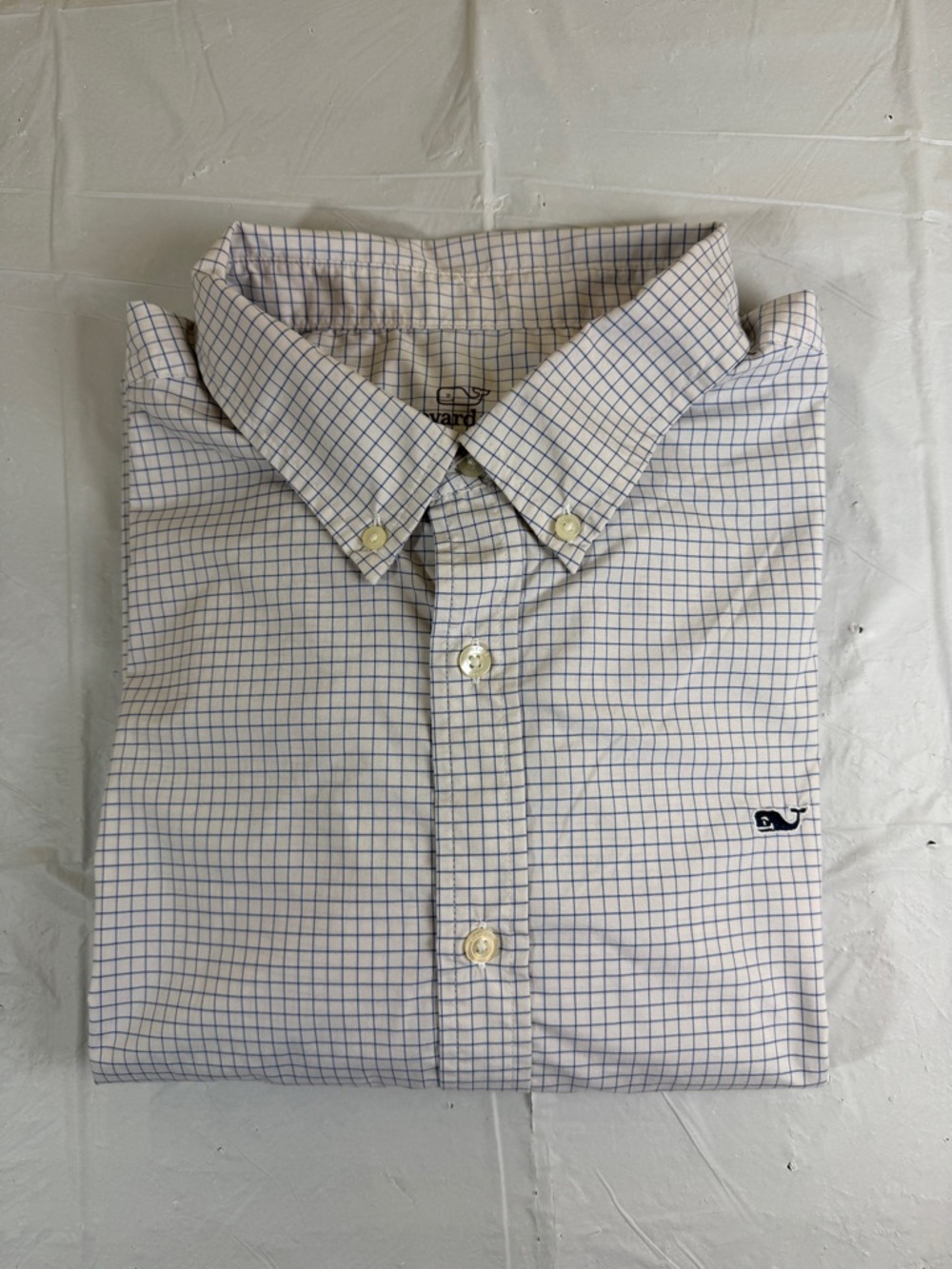 Vineyard Vines Performance White Button-Down Shirt with Blue‎ Grid